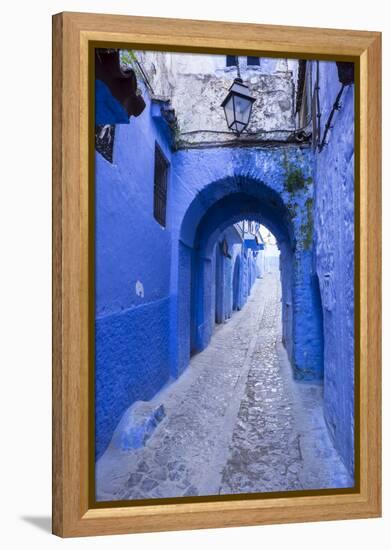 Morocco. A blue alley in the hill town of Chefchaouen.-Brenda Tharp-Framed Premier Image Canvas