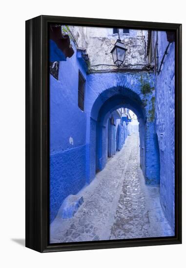 Morocco. A blue alley in the hill town of Chefchaouen.-Brenda Tharp-Framed Premier Image Canvas