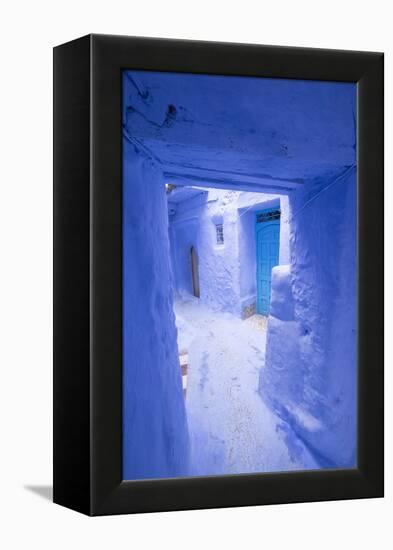 Morocco, Chaouen. Narrow Street Lined with Blue Buildings-Emily Wilson-Framed Premier Image Canvas