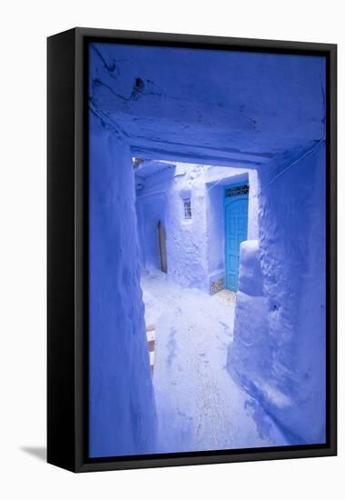 Morocco, Chaouen. Narrow Street Lined with Blue Buildings-Emily Wilson-Framed Premier Image Canvas