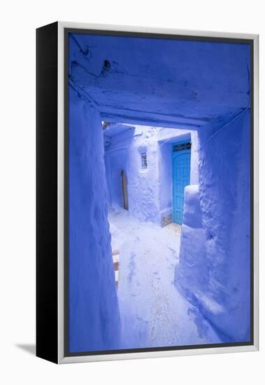 Morocco, Chaouen. Narrow Street Lined with Blue Buildings-Emily Wilson-Framed Premier Image Canvas