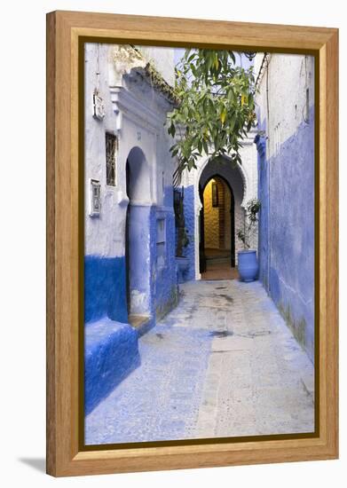 Morocco, Chaouen. Narrow Street Lined with Blue Buildings-Emily Wilson-Framed Premier Image Canvas