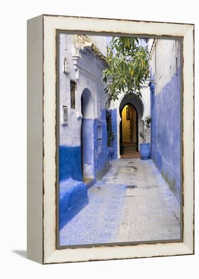 Morocco, Chaouen. Narrow Street Lined with Blue Buildings-Emily Wilson-Framed Premier Image Canvas