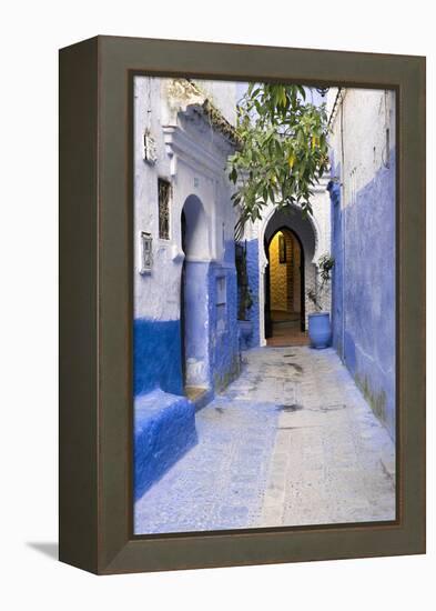 Morocco, Chaouen. Narrow Street Lined with Blue Buildings-Emily Wilson-Framed Premier Image Canvas