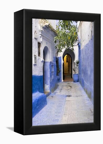 Morocco, Chaouen. Narrow Street Lined with Blue Buildings-Emily Wilson-Framed Premier Image Canvas