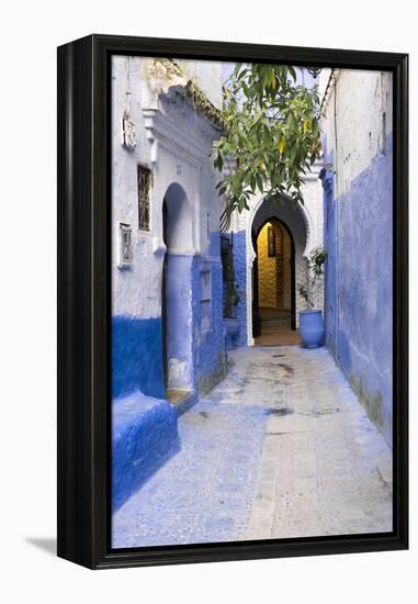 Morocco, Chaouen. Narrow Street Lined with Blue Buildings-Emily Wilson-Framed Premier Image Canvas