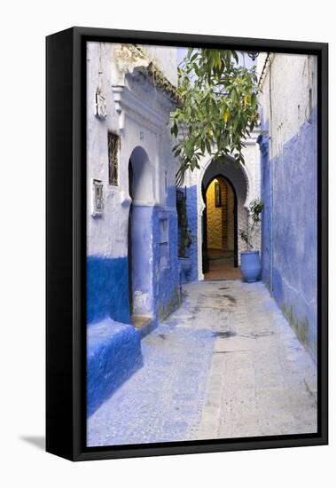 Morocco, Chaouen. Narrow Street Lined with Blue Buildings-Emily Wilson-Framed Premier Image Canvas