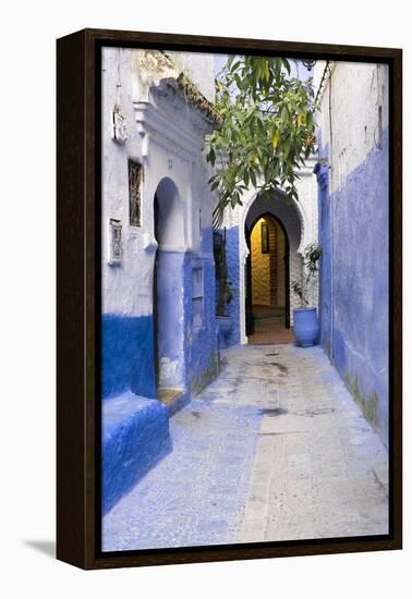 Morocco, Chaouen. Narrow Street Lined with Blue Buildings-Emily Wilson-Framed Premier Image Canvas