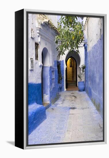 Morocco, Chaouen. Narrow Street Lined with Blue Buildings-Emily Wilson-Framed Premier Image Canvas