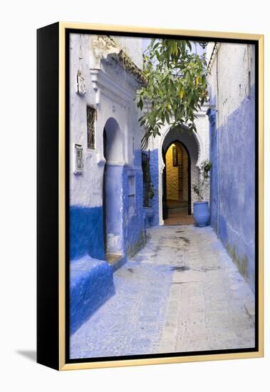 Morocco, Chaouen. Narrow Street Lined with Blue Buildings-Emily Wilson-Framed Premier Image Canvas