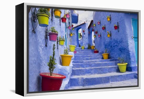 Morocco, Chaouen. Plantings in Colorful Pots Line the Narrow Corridors-Emily Wilson-Framed Premier Image Canvas