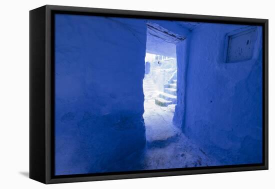 Morocco, Chaouen. Vivid Blue Doorway Out to the Street-Emily Wilson-Framed Premier Image Canvas