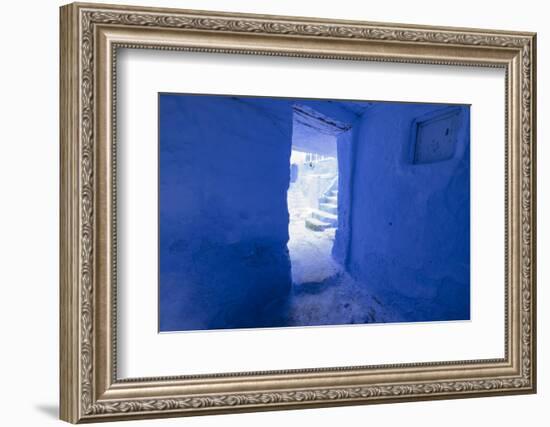 Morocco, Chaouen. Vivid Blue Doorway Out to the Street-Emily Wilson-Framed Photographic Print