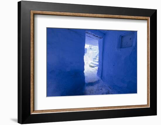 Morocco, Chaouen. Vivid Blue Doorway Out to the Street-Emily Wilson-Framed Photographic Print