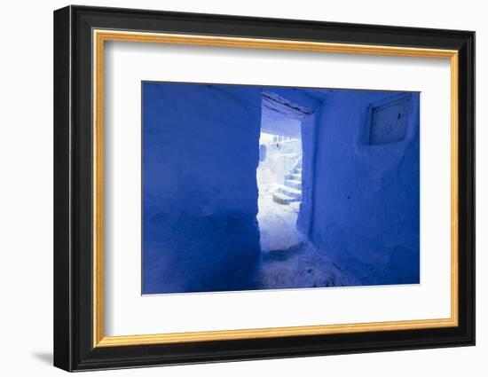 Morocco, Chaouen. Vivid Blue Doorway Out to the Street-Emily Wilson-Framed Photographic Print