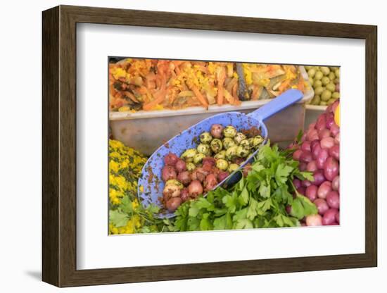 Morocco, Essaouira, Souk, Varieties of Olives, Oil and Preserved Lemons for Sale-Emily Wilson-Framed Photographic Print