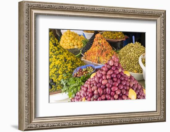 Morocco, Essaouira, Souk, Varieties of Olives, Oil and Preserved Lemons for Sale-Emily Wilson-Framed Photographic Print