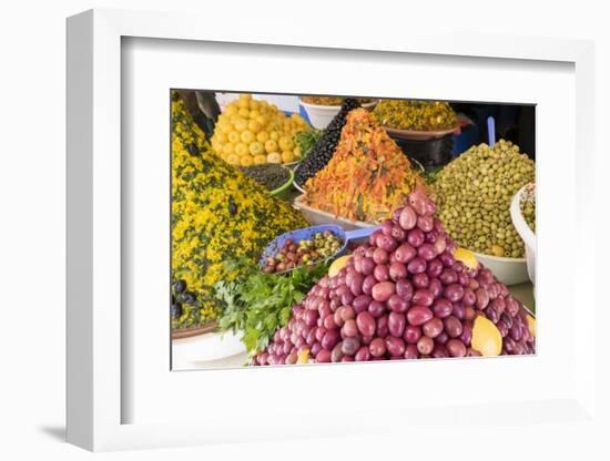 Morocco, Essaouira, Souk, Varieties of Olives, Oil and Preserved Lemons for Sale-Emily Wilson-Framed Photographic Print
