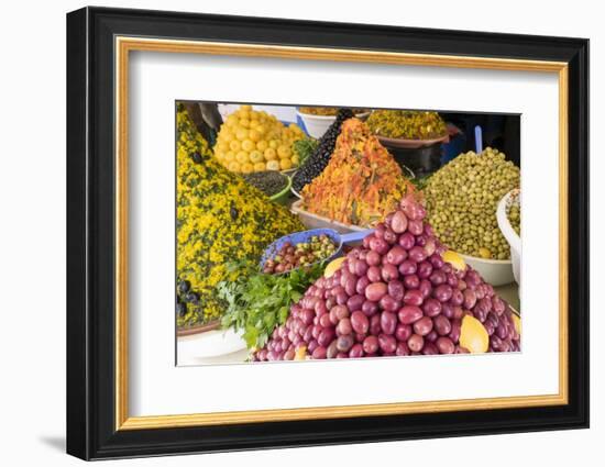 Morocco, Essaouira, Souk, Varieties of Olives, Oil and Preserved Lemons for Sale-Emily Wilson-Framed Photographic Print