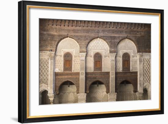 Morocco, Fes. the Ornate Interior of a Mosque Showing Cut Wood and Plaster Decoration-Brenda Tharp-Framed Photographic Print