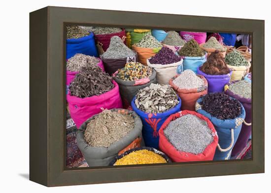 Morocco, Marrakech. Bags of Herbs, Spices and Dried Floral and Vegetable Items in the Souk-Emily Wilson-Framed Premier Image Canvas