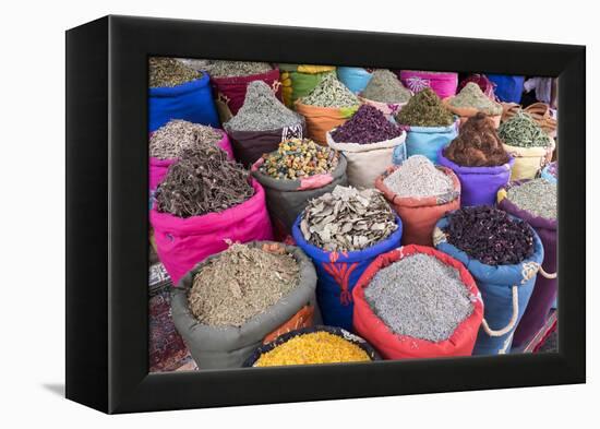 Morocco, Marrakech. Bags of Herbs, Spices and Dried Floral and Vegetable Items in the Souk-Emily Wilson-Framed Premier Image Canvas