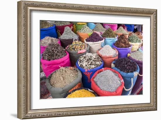 Morocco, Marrakech. Bags of Herbs, Spices and Dried Floral and Vegetable Items in the Souk-Emily Wilson-Framed Photographic Print