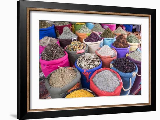 Morocco, Marrakech. Bags of Herbs, Spices and Dried Floral and Vegetable Items in the Souk-Emily Wilson-Framed Photographic Print