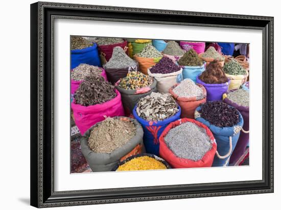 Morocco, Marrakech. Bags of Herbs, Spices and Dried Floral and Vegetable Items in the Souk-Emily Wilson-Framed Photographic Print