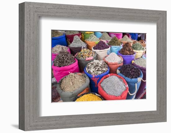 Morocco, Marrakech. Bags of Herbs, Spices and Dried Floral and Vegetable Items in the Souk-Emily Wilson-Framed Photographic Print
