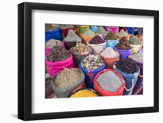 Morocco, Marrakech. Bags of Herbs, Spices and Dried Floral and Vegetable Items in the Souk-Emily Wilson-Framed Photographic Print