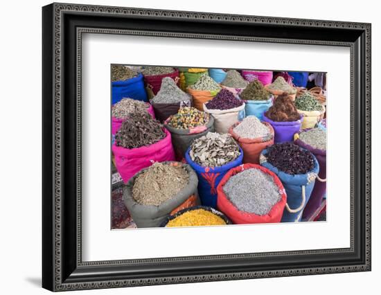 Morocco, Marrakech. Bags of Herbs, Spices and Dried Floral and Vegetable Items in the Souk-Emily Wilson-Framed Photographic Print