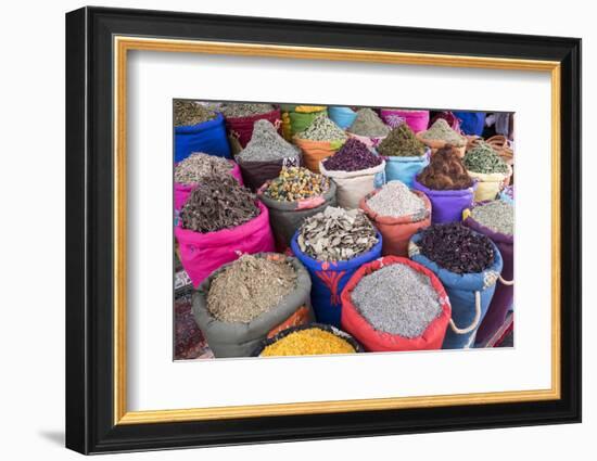 Morocco, Marrakech. Bags of Herbs, Spices and Dried Floral and Vegetable Items in the Souk-Emily Wilson-Framed Photographic Print