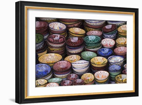 Morocco, Marrakech. Colorfully painted ceramic bowls for sale in a souk, a shop.-Brenda Tharp-Framed Photographic Print