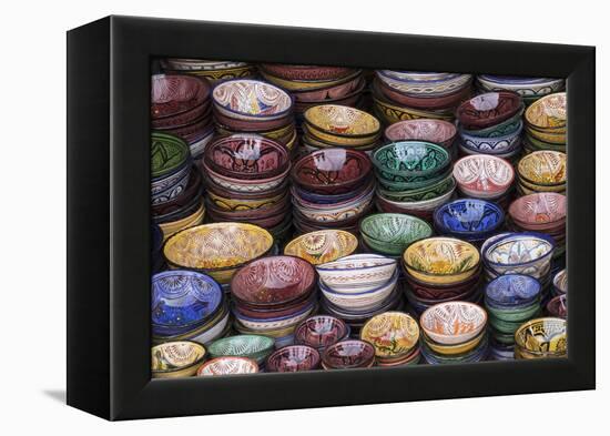 Morocco, Marrakech. Colorfully painted ceramic bowls for sale in a souk, a shop.-Brenda Tharp-Framed Premier Image Canvas