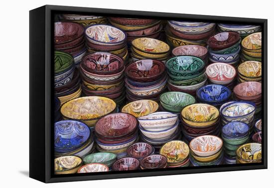 Morocco, Marrakech. Colorfully painted ceramic bowls for sale in a souk, a shop.-Brenda Tharp-Framed Premier Image Canvas