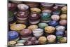 Morocco, Marrakech. Colorfully painted ceramic bowls for sale in a souk, a shop.-Brenda Tharp-Mounted Photographic Print