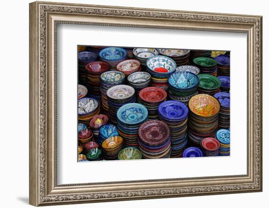 Morocco, Marrakech. Moroccan Hand-Painted Glazed Ceramic Dishes-Kymri Wilt-Framed Photographic Print