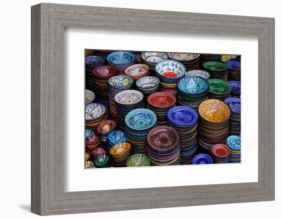 Morocco, Marrakech. Moroccan Hand-Painted Glazed Ceramic Dishes-Kymri Wilt-Framed Photographic Print