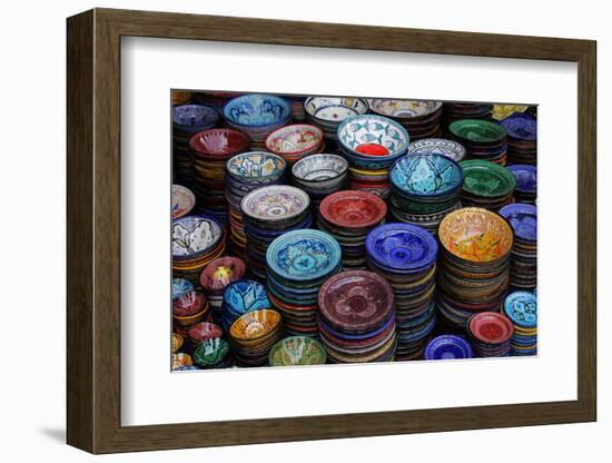 Morocco, Marrakech. Moroccan Hand-Painted Glazed Ceramic Dishes-Kymri Wilt-Framed Photographic Print