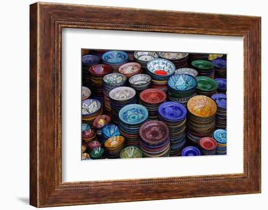 Morocco, Marrakech. Moroccan Hand-Painted Glazed Ceramic Dishes-Kymri Wilt-Framed Photographic Print