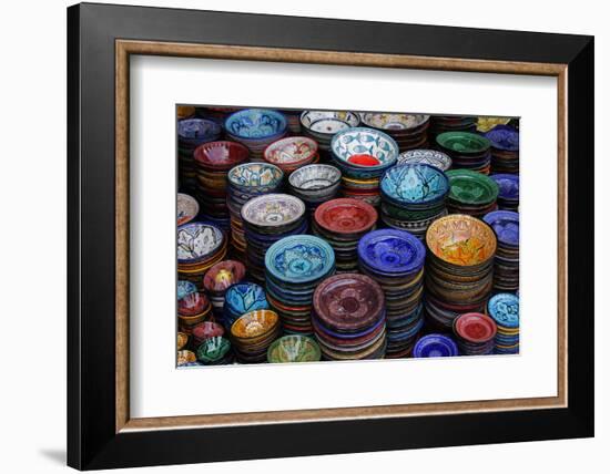 Morocco, Marrakech. Moroccan Hand-Painted Glazed Ceramic Dishes-Kymri Wilt-Framed Photographic Print