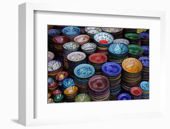 Morocco, Marrakech. Moroccan Hand-Painted Glazed Ceramic Dishes-Kymri Wilt-Framed Photographic Print