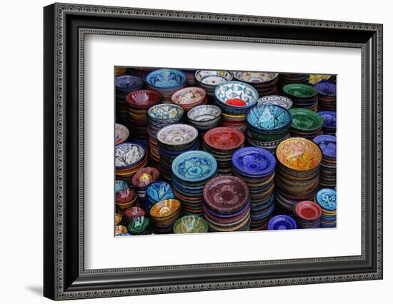 Morocco, Marrakech. Moroccan Hand-Painted Glazed Ceramic Dishes-Kymri Wilt-Framed Photographic Print