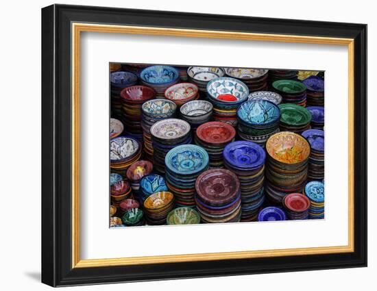 Morocco, Marrakech. Moroccan Hand-Painted Glazed Ceramic Dishes-Kymri Wilt-Framed Photographic Print