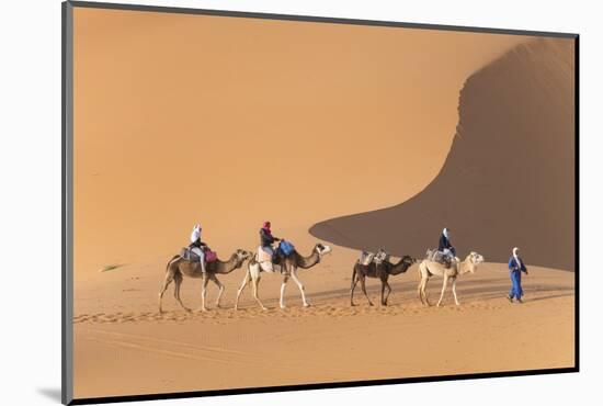 Morocco. Tourists ride camels in Erg Chebbi in the Sahara desert.-Brenda Tharp-Mounted Photographic Print