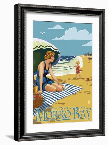 Morro Bay, California Beach Scene-Lantern Press-Framed Art Print