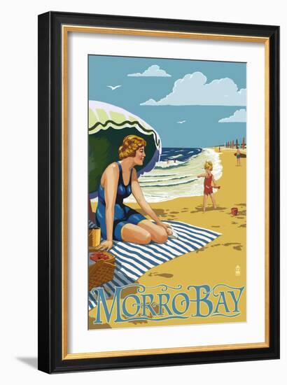 Morro Bay, California Beach Scene-Lantern Press-Framed Art Print