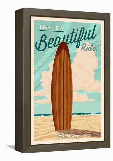 Morro Bay, California - Life is a Beautiful Ride - Surfboard - Letterpress-Lantern Press-Framed Stretched Canvas