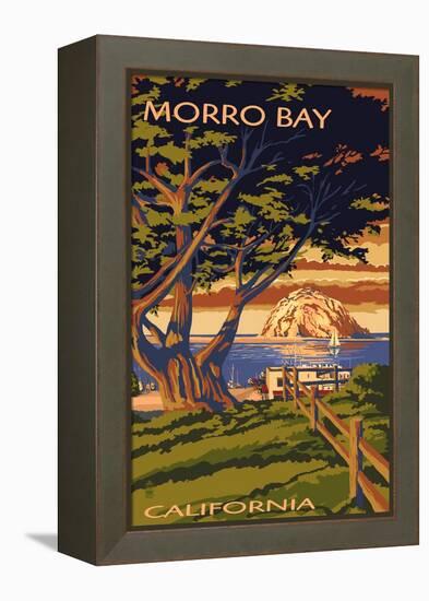 Morro Bay, California Town View with Morro Rock Poster-Lantern Press-Framed Stretched Canvas